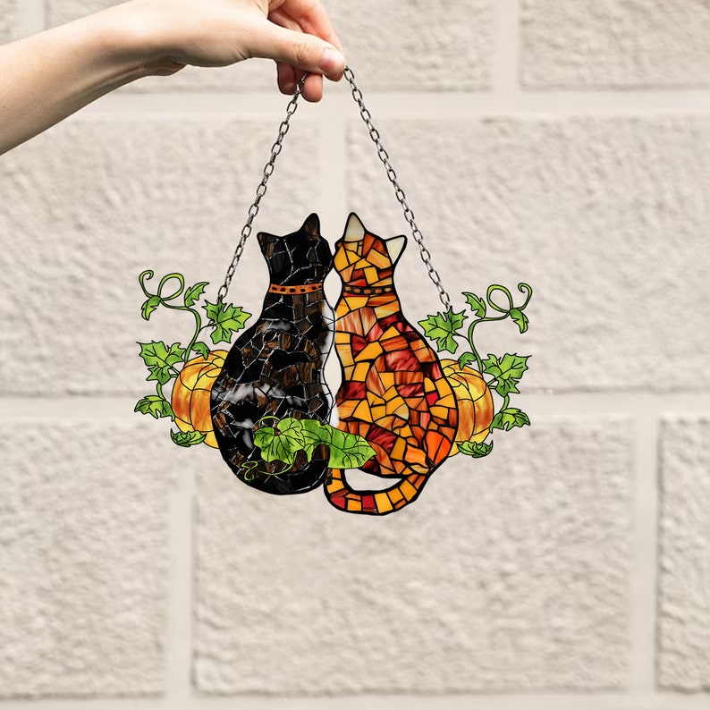 Personalized Cat Window Hanging: Acrylic Poppy Flowers, Halloween Decor