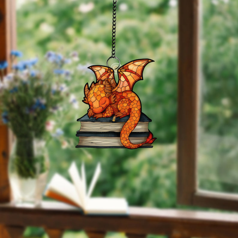 Sleeping Dragon on Books Acrylic Window Hanging: Fantasy Home Decor