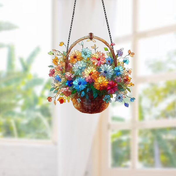Acrylic Flower Basket Window Hanging: Colorful Floral Art Decoration