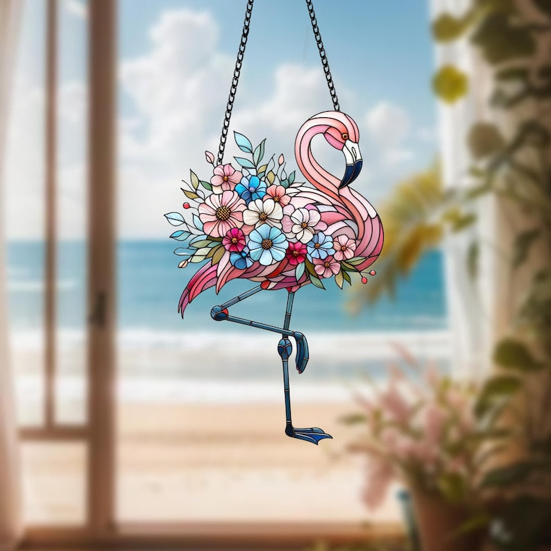 Pink Flamingo Acrylic Window Hanging: Floral Bird Art