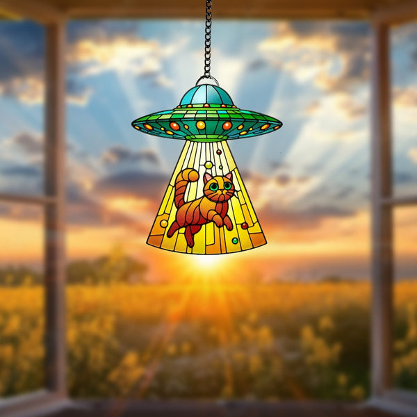 UFO Alien Cat Acrylic Window Hanging: Silly Home Decor Ornament