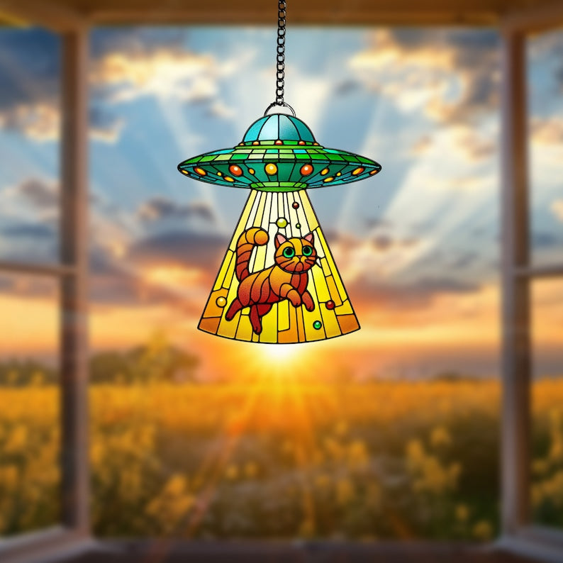 UFO Alien Cat Acrylic Window Hanging: Silly Home Decor Ornament