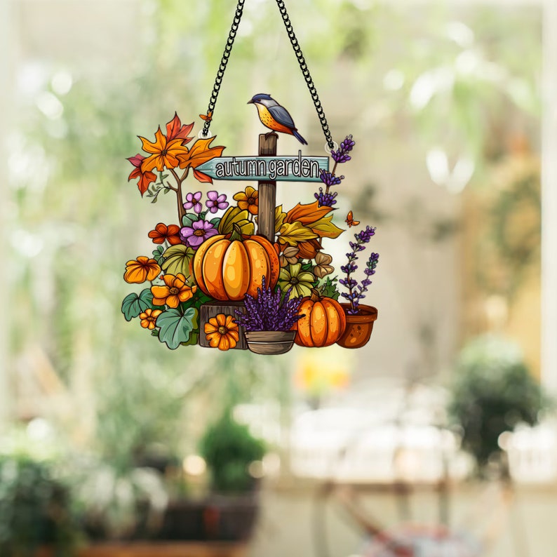 Autumn Garden Acrylic Window Hanging: Fall Leaves & Pumpkins