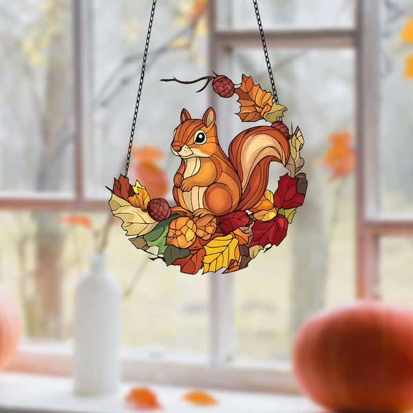 Autumn Squirrel Acrylic Window Hanging: Fall Home Decor