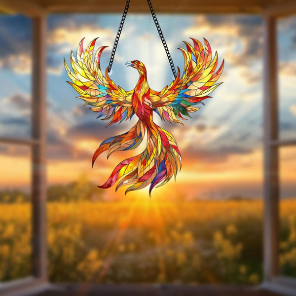 Phoenix Acrylic Window Hanging: Firebird & Lotus Flower Ornament