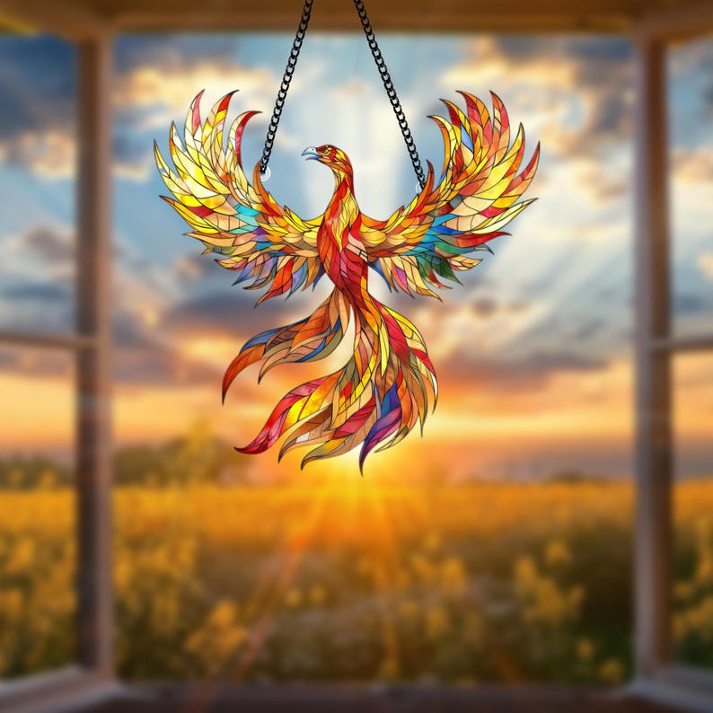 Phoenix Acrylic Window Hanging: Firebird & Lotus Flower Ornament
