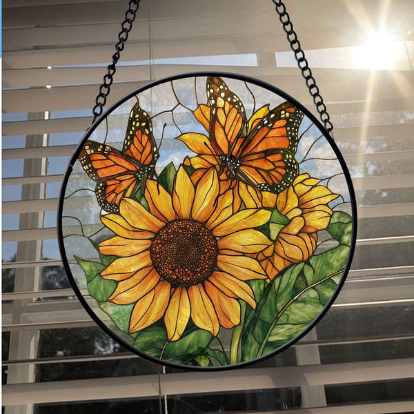 Stained Glass Sunflower Suncatcher: Monarch Butterfly Window Hanging
