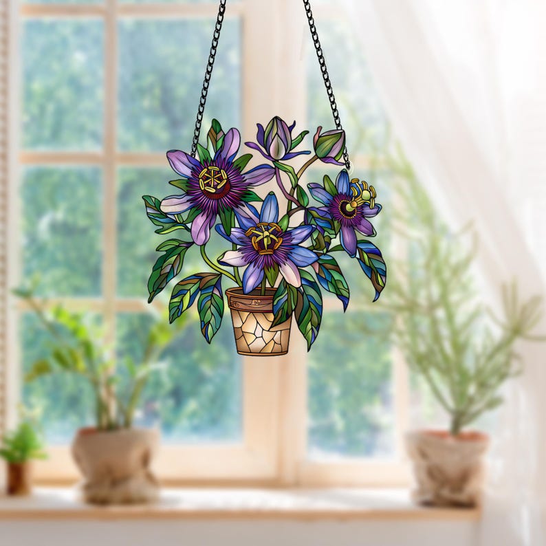 Passion Flower Acrylic Window Hanging: Floral Home Decor