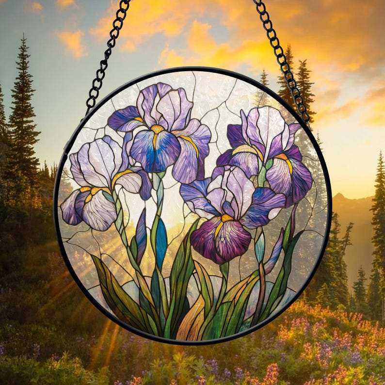 Stained Glass Iris Suncatcher: UV Printed Window Hanging