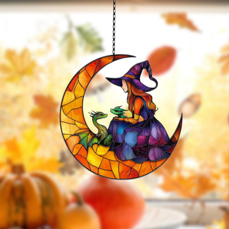 Personalized Witch and Dragon Acrylic Window Hanging, Halloween Decor