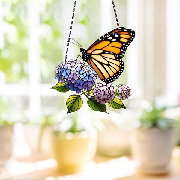 Monarch Butterfly Acrylic Window Hanging: Lavender Flowers Art