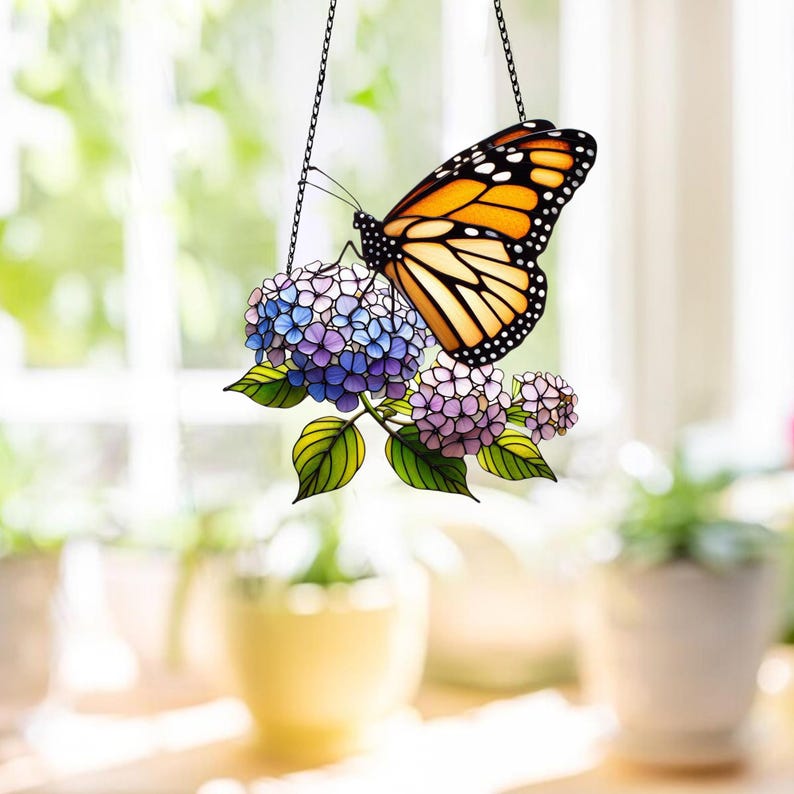 Monarch Butterfly Acrylic Window Hanging: Lavender Flowers Art