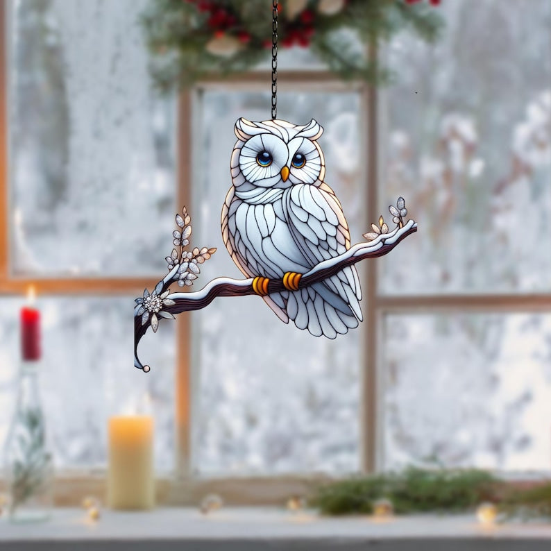Owl on Snowy Branch Acrylic Window Hanging: Bird Lover Gift