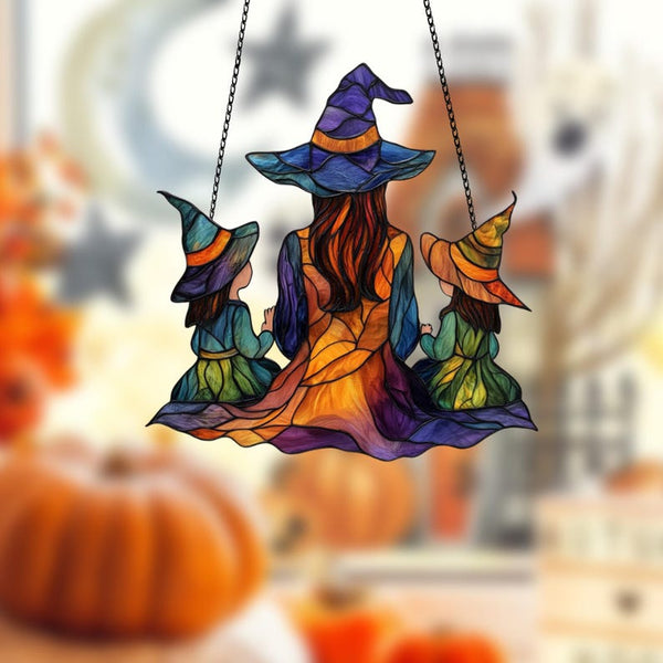 Personalized Mother & Daughters Witch Acrylic Window Hanging: Halloween Decor
