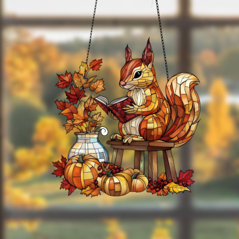Squirrel Reading Book Acrylic Window Hanging: Autumn Decor