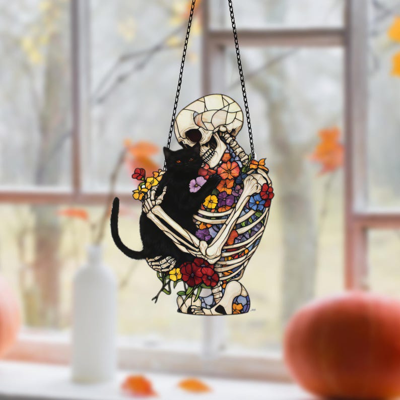 Skeleton & Black Cat Acrylic Window Hanging: Spooky Halloween Decor