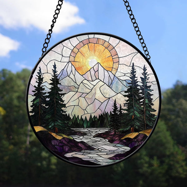 Mountain Sunset Stained Glass Suncatcher: Window Art Decor