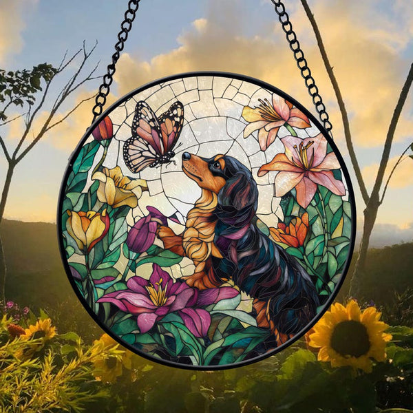 Dachshund Memorial Stained Glass Suncatcher: Lilac & Lily Flowers