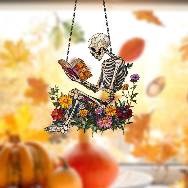 Spooky Skeleton Reading Book Acrylic Window Hanging - Halloween Decor