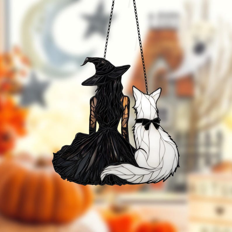 Personalized Witch & Wolf Acrylic Window Hanging: Gothic Halloween Decor