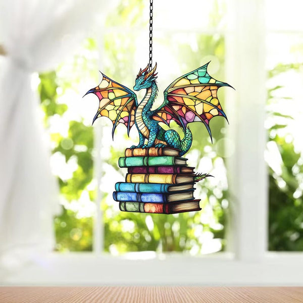 Dragon Sleeping on Books Acrylic Window Hanging: Fantasy Home Decor