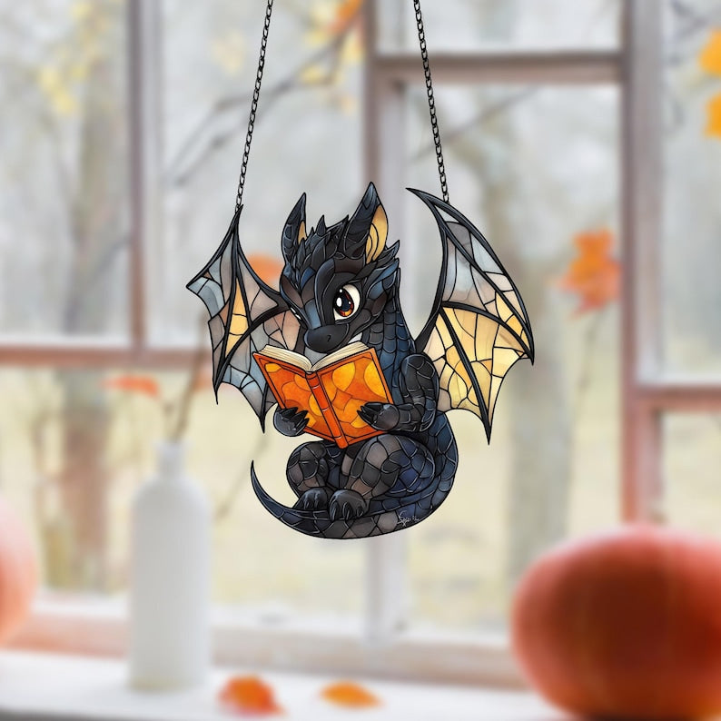 Reading Dragon Acrylic Window Hanging: Bookish Fantasy Decor