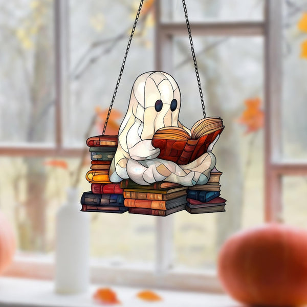 Ghost Reading Book Acrylic Window Hanging: Spooky Halloween Decor