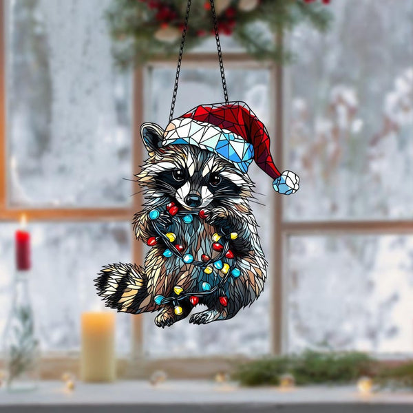 Raccoon Christmas Ornament: Acrylic Window Hanging with Lights