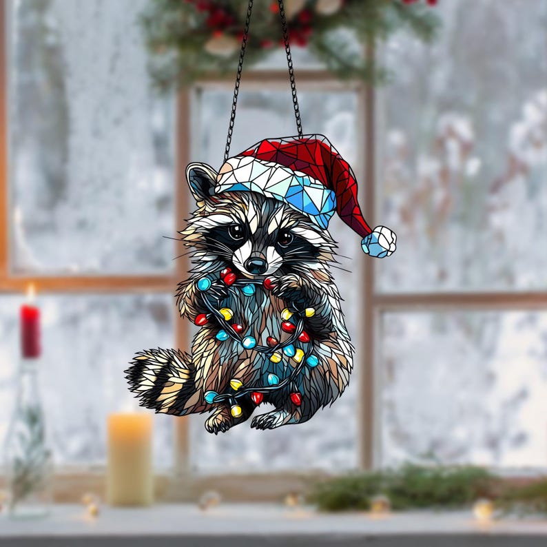 Raccoon Christmas Ornament: Acrylic Window Hanging with Lights