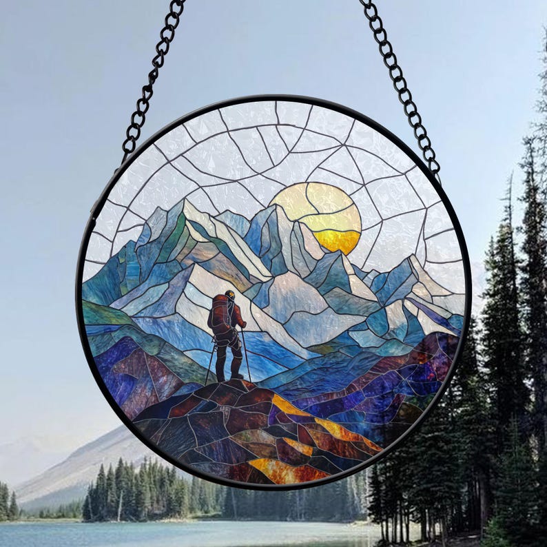 Mountain Sunset Stained Glass Suncatcher: Hiker Window Hanging