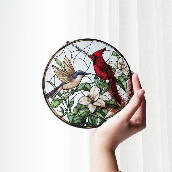 Hummingbird & Cardinal Stained Glass Suncatcher: Floral Window Hanging