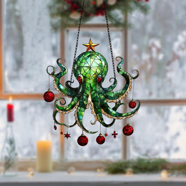 Green Octopus Christmas Ornament: Acrylic Window Decor