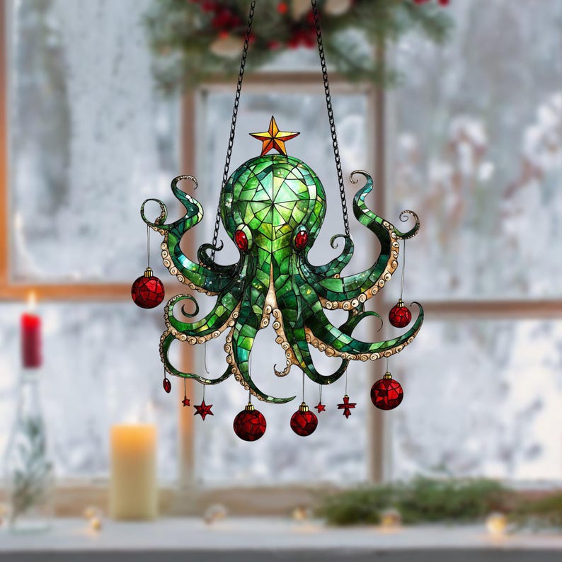 Green Octopus Christmas Ornament: Acrylic Window Decor