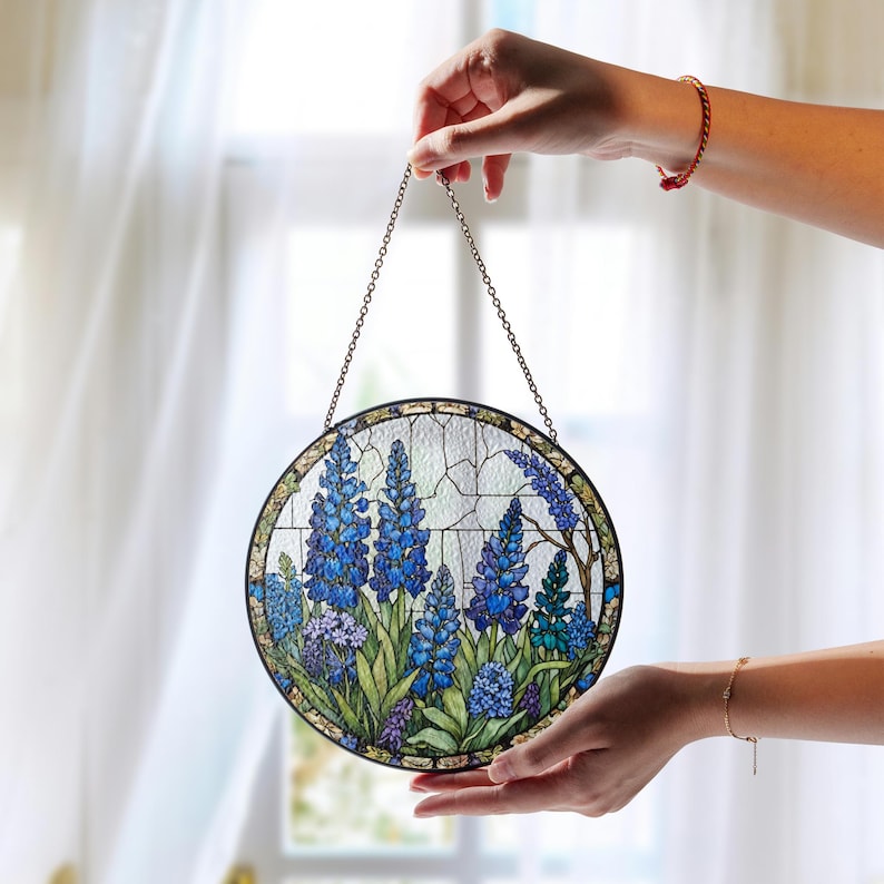 Texas Bluebonnets Stained Glass Suncatcher: Floral Window Hanging