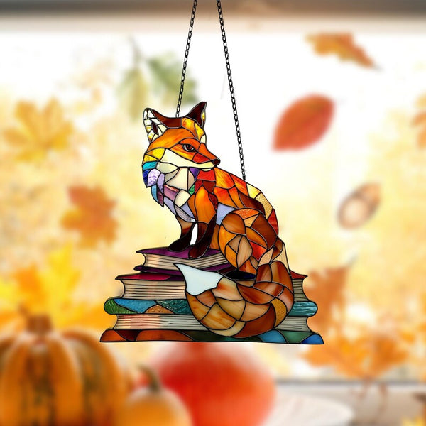 Fox Sleeping on Books Acrylic Window Hanging: Nature Art Decor