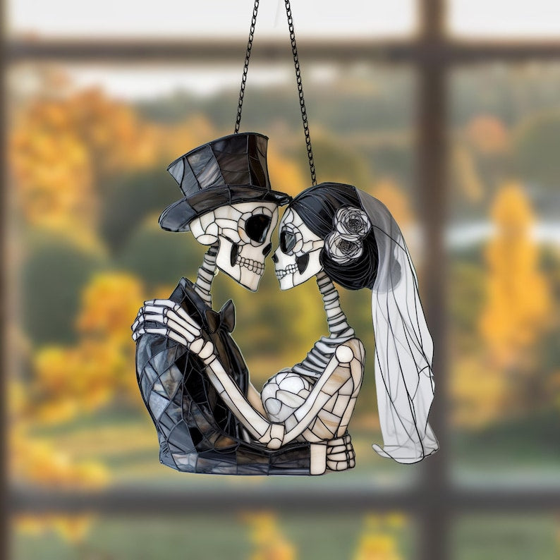 Skeleton Couple Acrylic Window Hanging, Halloween Anniversary Gift