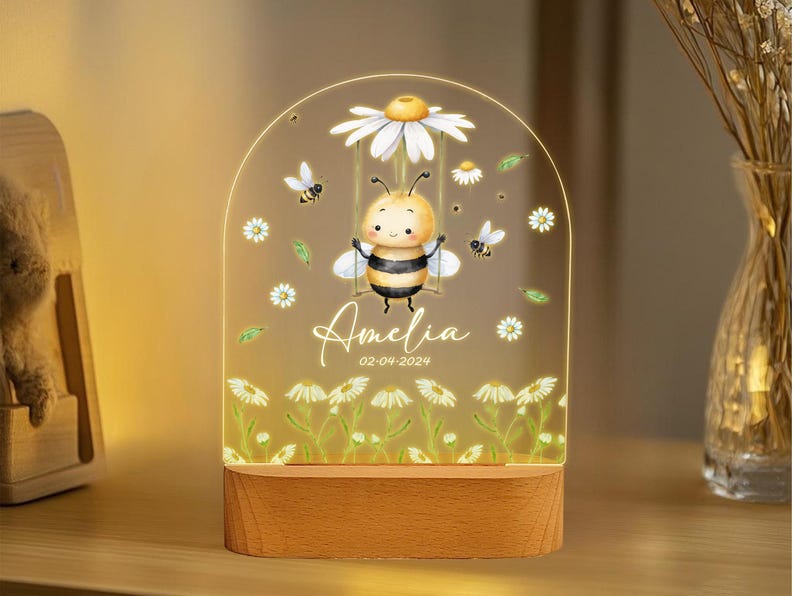 Personalized Bee Daisy Night Light - Kids Nursery Decor