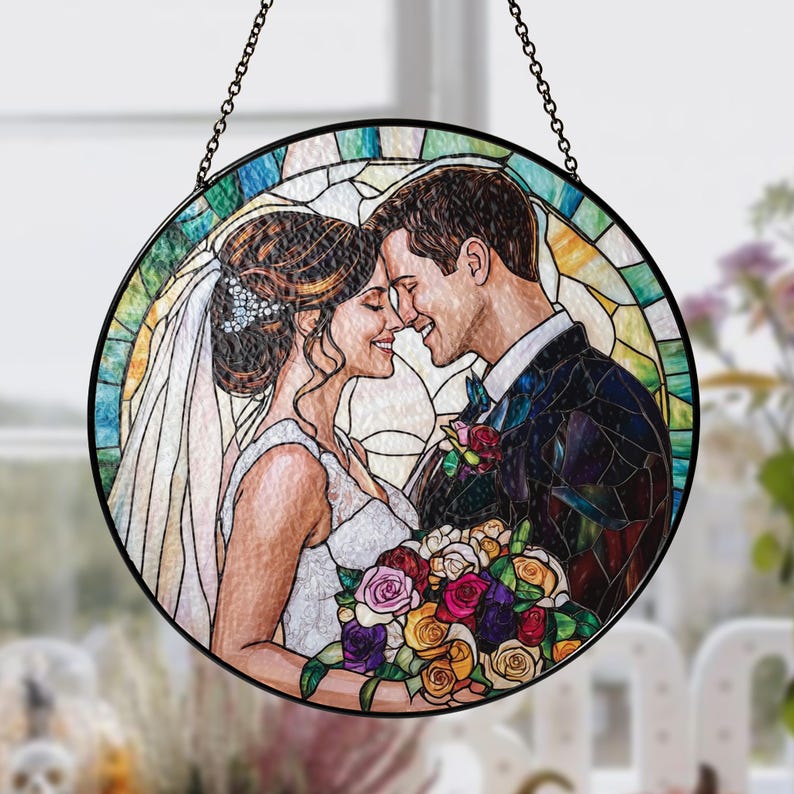 Personalized Stained Glass Couples Portrait: Wedding Anniversary Suncatcher