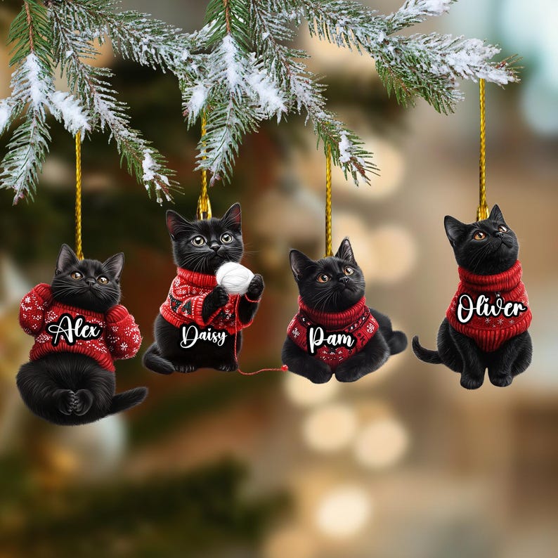 Personalized Black Cat Christmas Ornament: Acrylic Xmas Tree Hanging