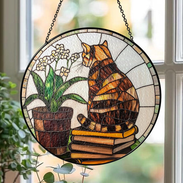 Personalized Cat Stained Glass Suncatcher: Book Lover Window Decor