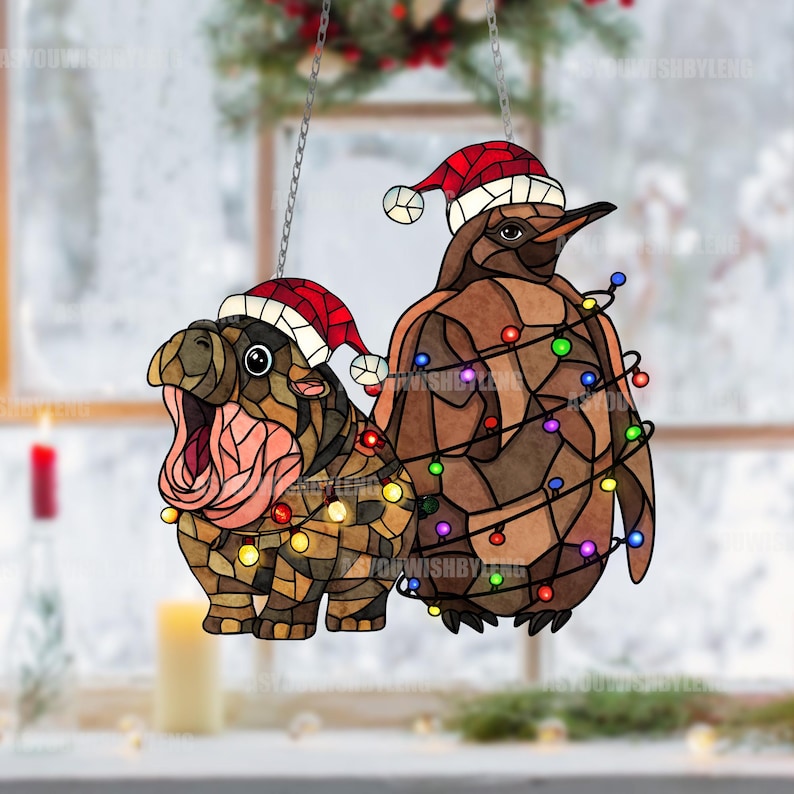 Hippo and Penguin Christmas Ornament: Acrylic Window Hanging Art