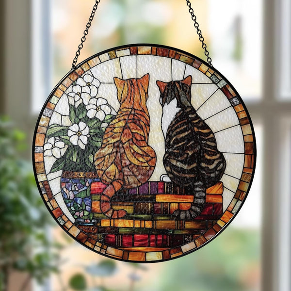 Personalized Cat & Book Stained Glass Suncatcher: Book Lover Window Decor