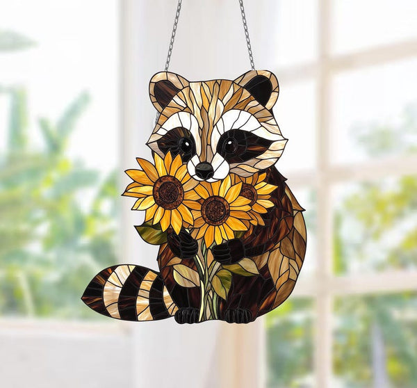 Acrylic Raccoon with Sunflowers Window Hanging: Animal Ornament