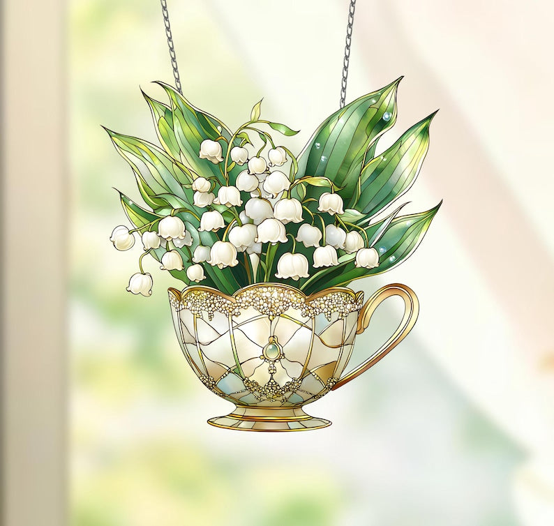 Lily of the Valley Teacup Acrylic Window Hanging: Floral Home Decor