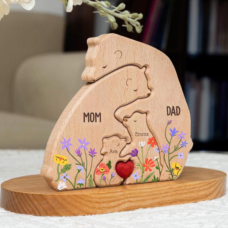 Personalized Wooden Bear Family Puzzle, Floral Animal Decor, Custom Dad Gift