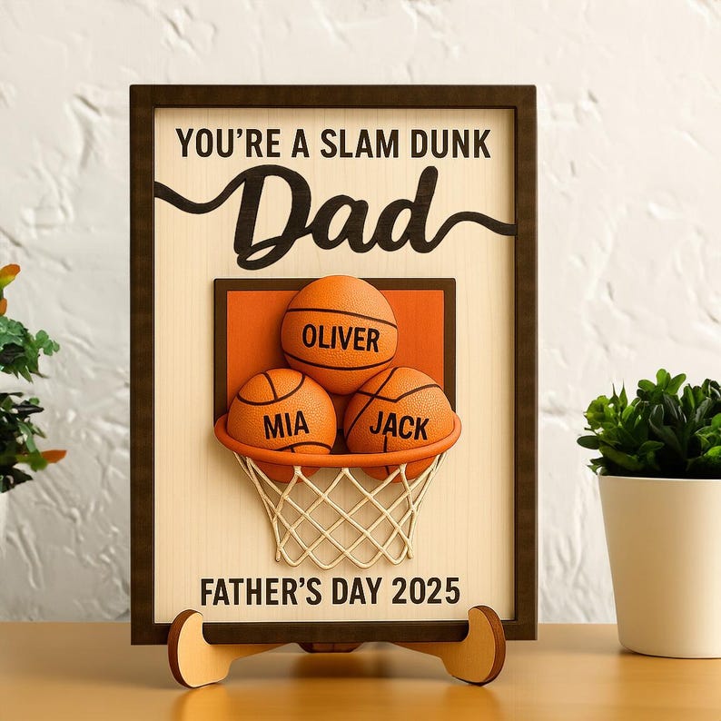 Personalized Basketball Dad Wooden Sign: Custom Kids Names Gift