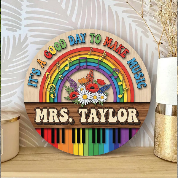 Custom Music Teacher Door Hanger, Rainbow Piano Sign