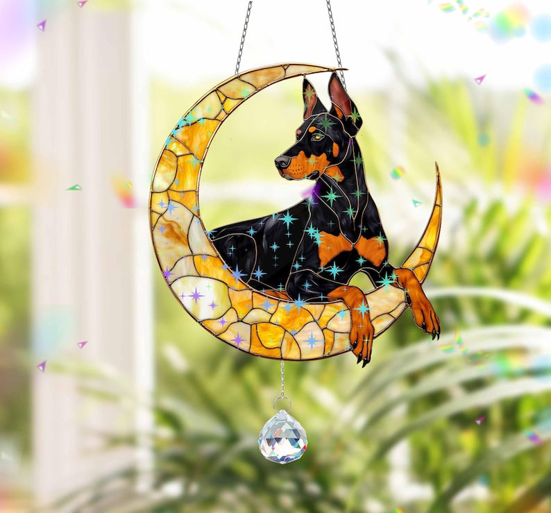 Doberman Crescent Moon Acrylic Window Hanging: Dog Memorial Gift