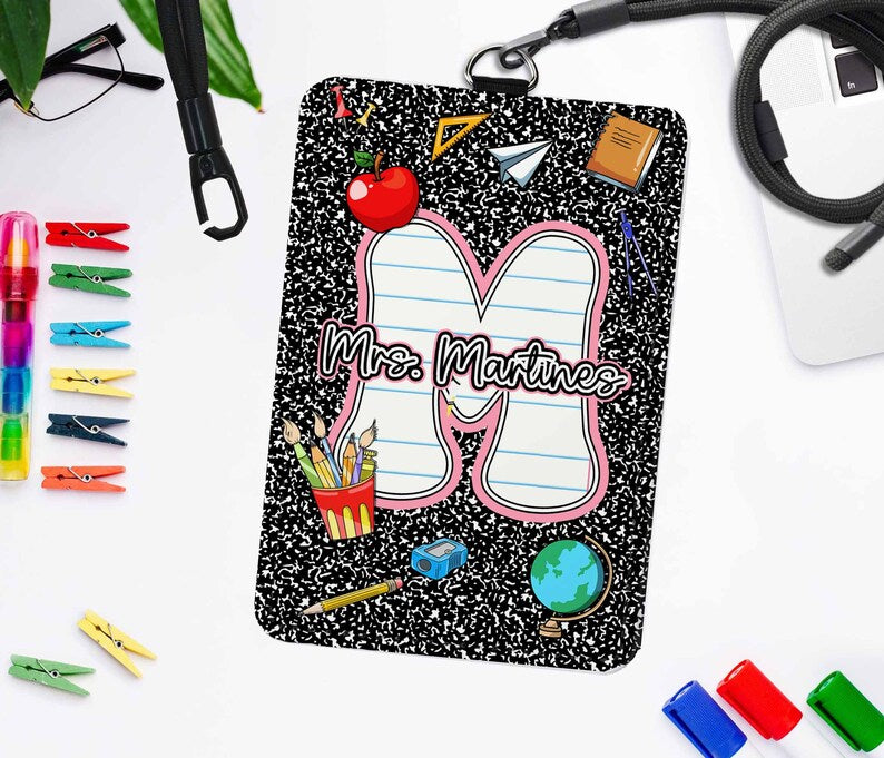 Personalized Teacher ID Badge Holder: Composition Book Design, Synthetic Leather