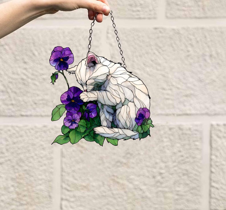 Personalized Cat Suncatcher: Purple Pansy Flowers Acrylic Window Decor